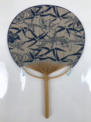 Japanese Fabric Fan Uchiwa Vtg Bamboo Round Paper Traditional Birds Blue U144