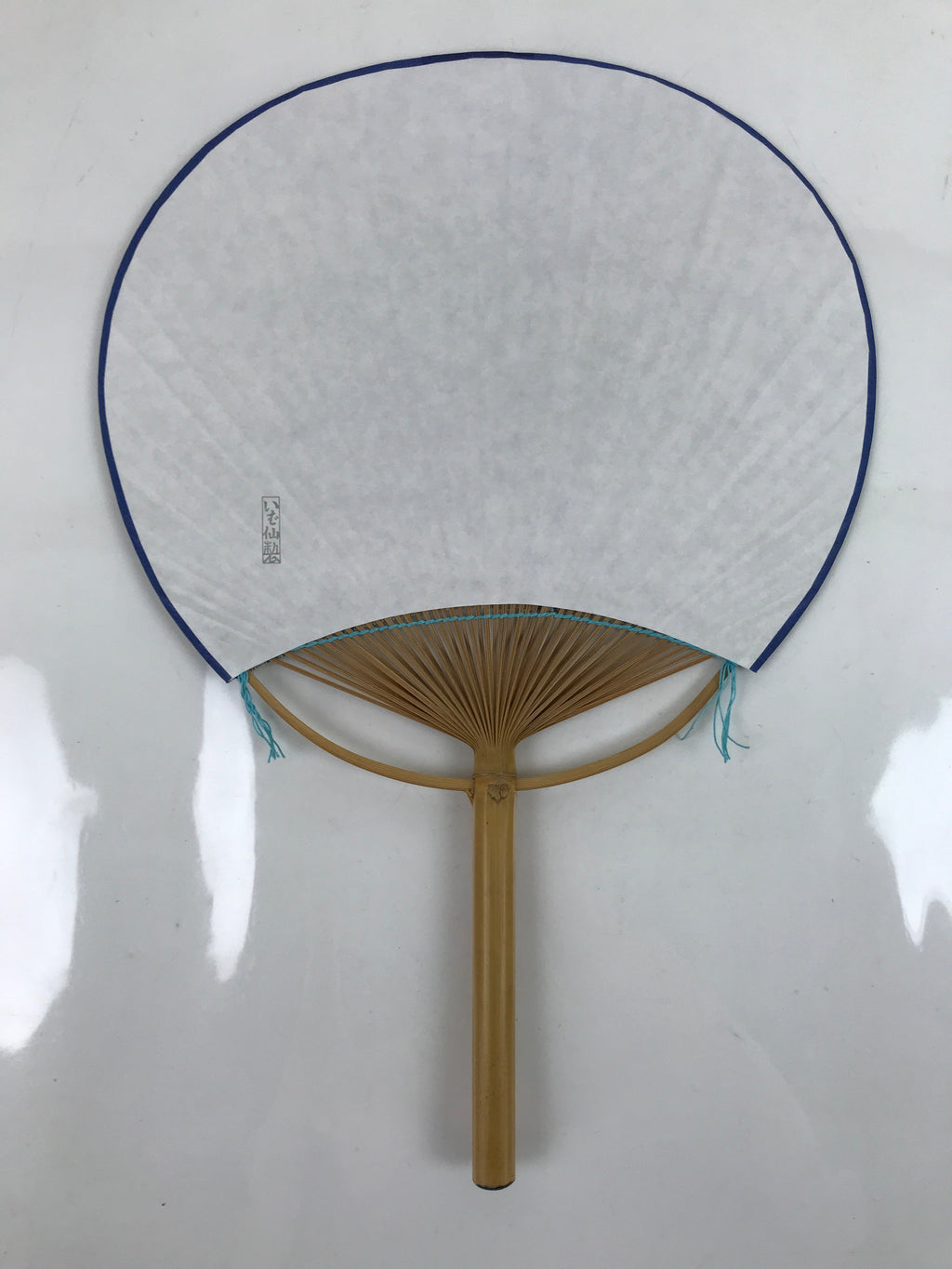 Japanese Fabric Fan Uchiwa Vtg Bamboo Round Paper Traditional Birds Blue U144