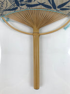 Japanese Fabric Fan Uchiwa Vtg Bamboo Round Paper Traditional Birds Blue U144