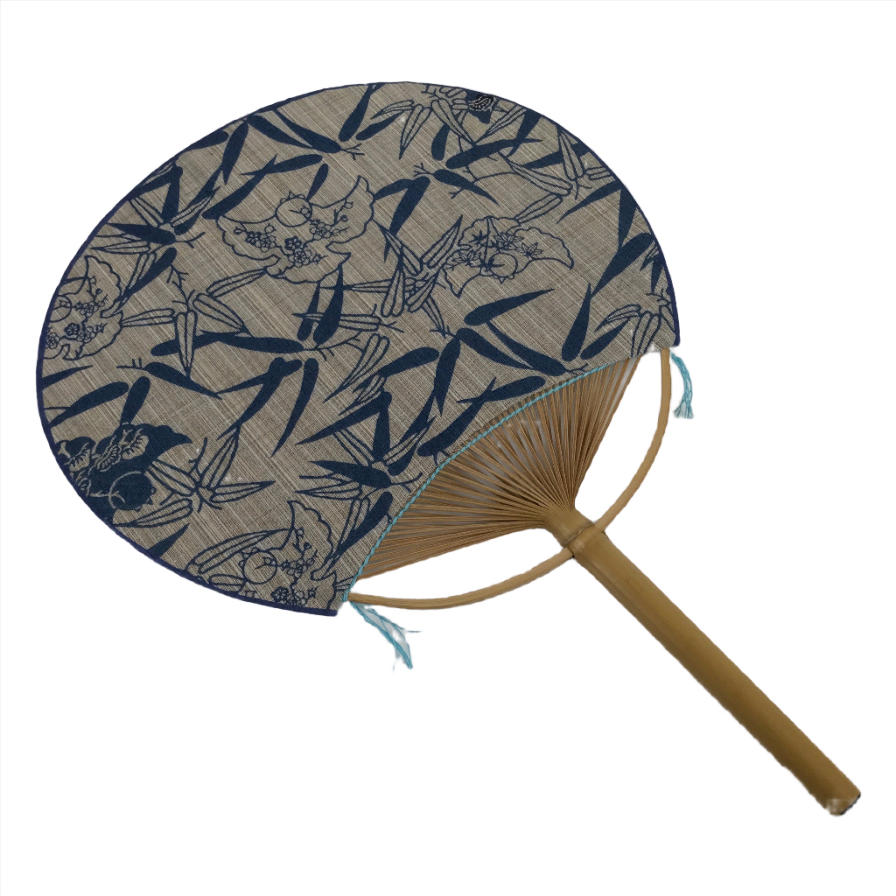 Japanese Fabric Fan Uchiwa Vtg Bamboo Round Paper Traditional Birds Blue U144