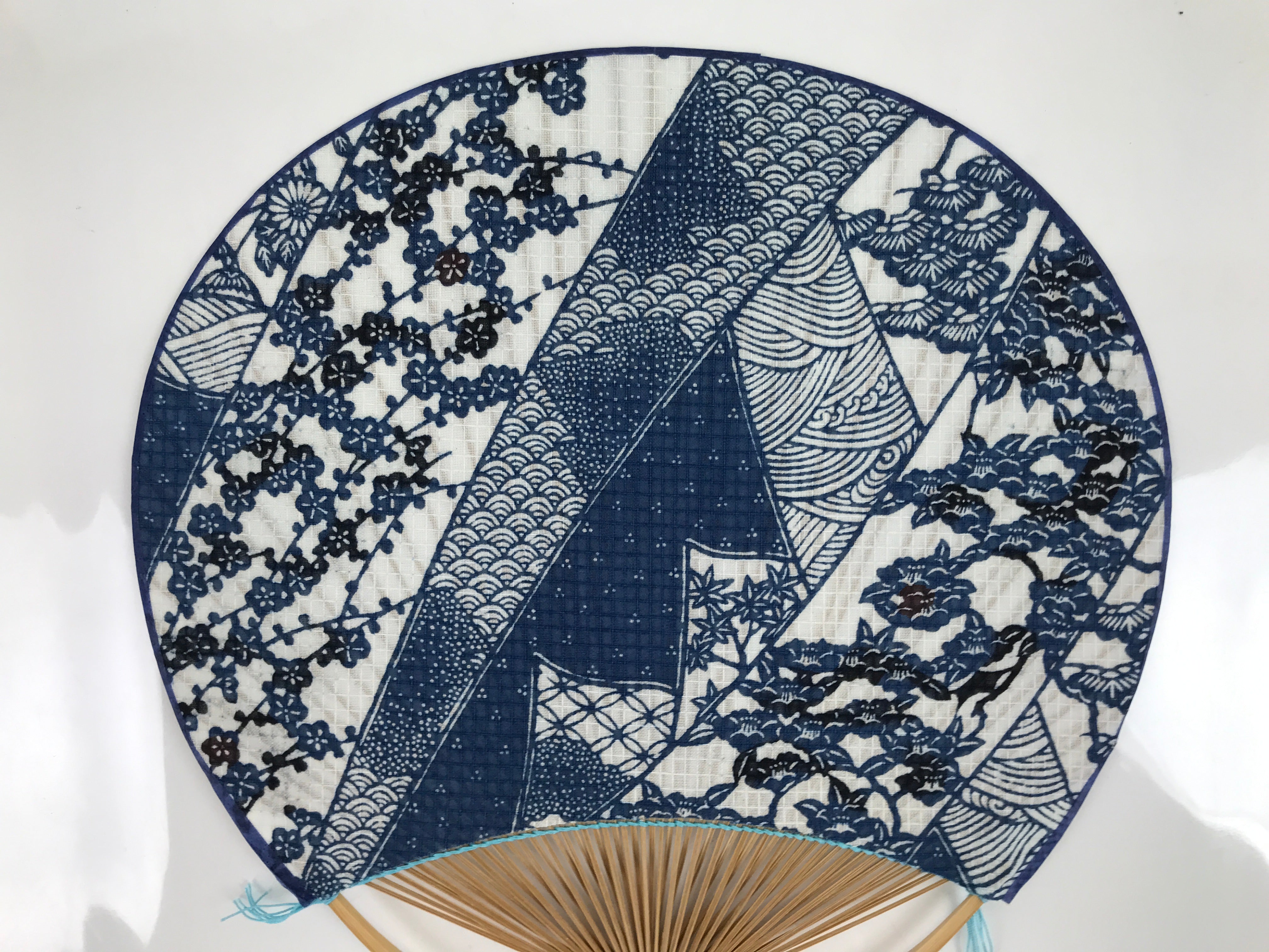 Japanese Fabric Fan Uchiwa Vtg Bamboo Round Paper Traditional Designs Blue U139