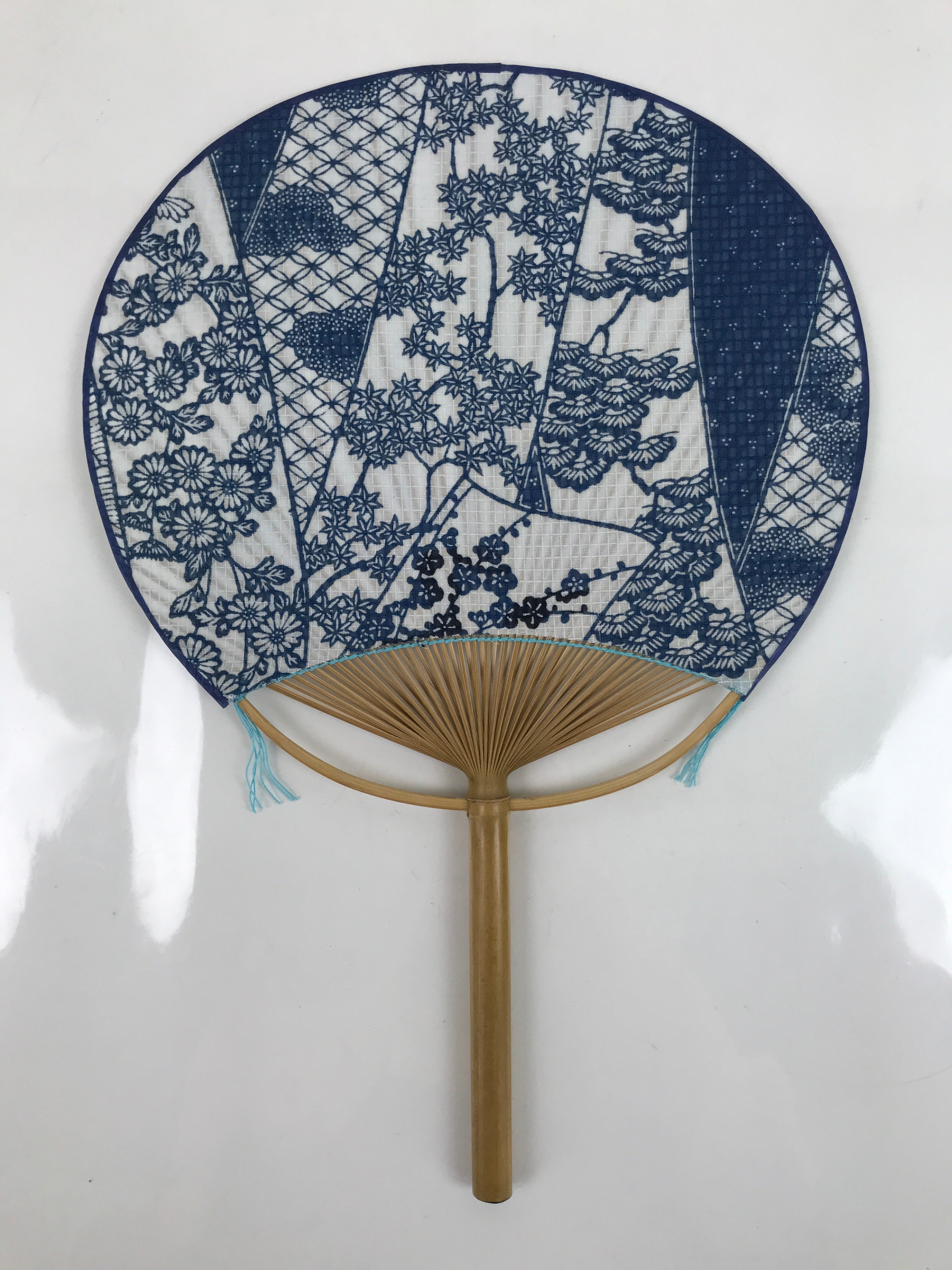 Japanese Fabric Fan Uchiwa Vtg Bamboo Round Paper Traditional Designs Blue U140