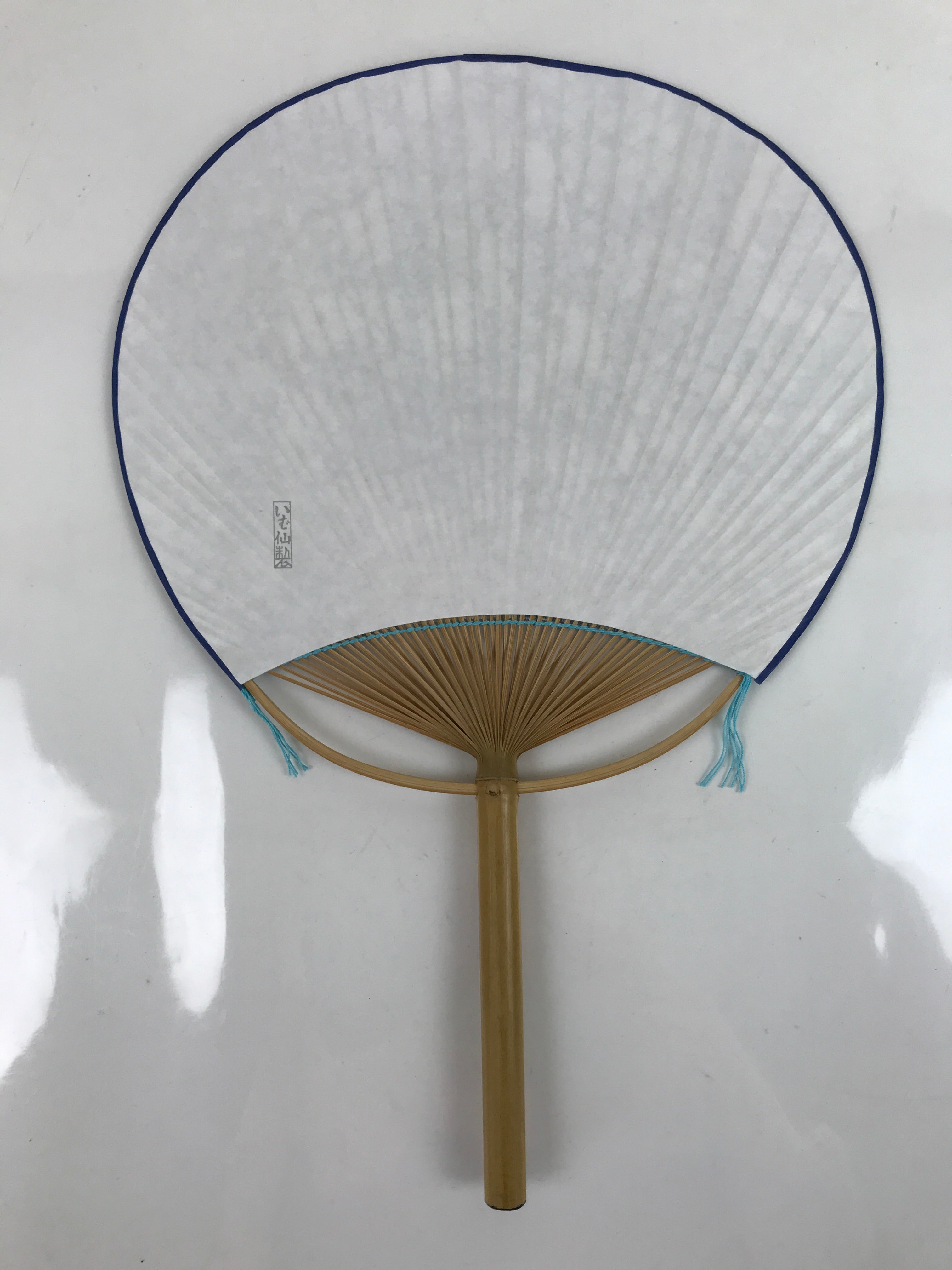 Japanese Fabric Fan Uchiwa Vtg Bamboo Round Paper Traditional Designs Blue U140