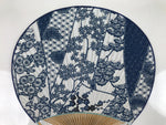 Japanese Fabric Fan Uchiwa Vtg Bamboo Round Paper Traditional Designs Blue U140