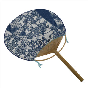 Japanese Fabric Fan Uchiwa Vtg Bamboo Round Paper Traditional Designs Blue U140