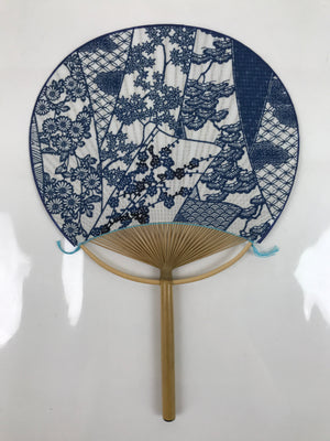 Japanese Fabric Fan Uchiwa Vtg Bamboo Round Paper Traditional Designs Blue U141