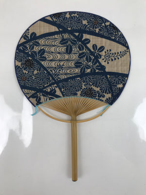 Japanese Fabric Fan Uchiwa Vtg Bamboo Round Paper Traditional Floral Blue U142