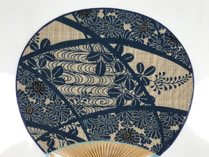 Japanese Fabric Fan Uchiwa Vtg Bamboo Round Paper Traditional Floral Blue U142