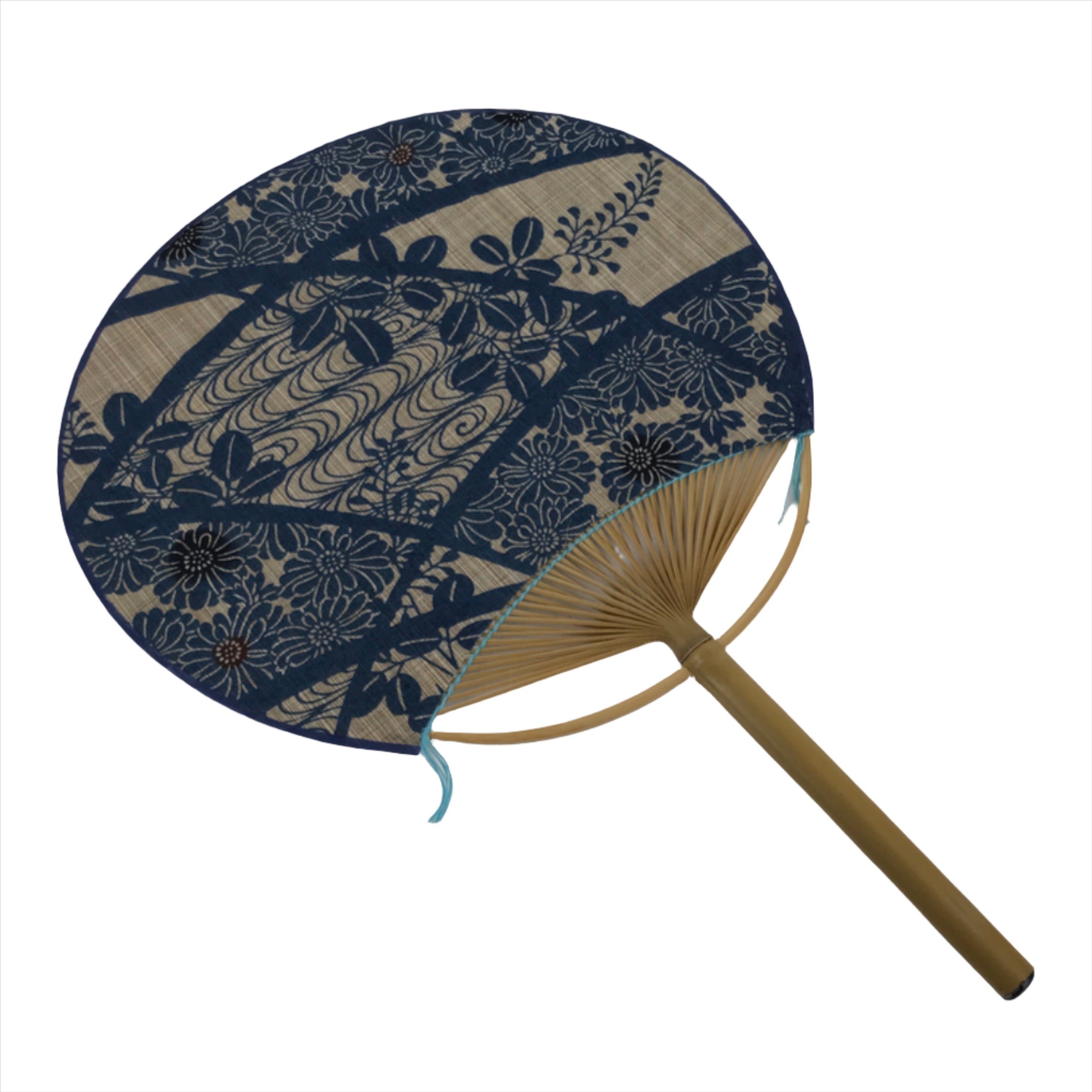 Japanese Fabric Fan Uchiwa Vtg Bamboo Round Paper Traditional Floral Blue U142