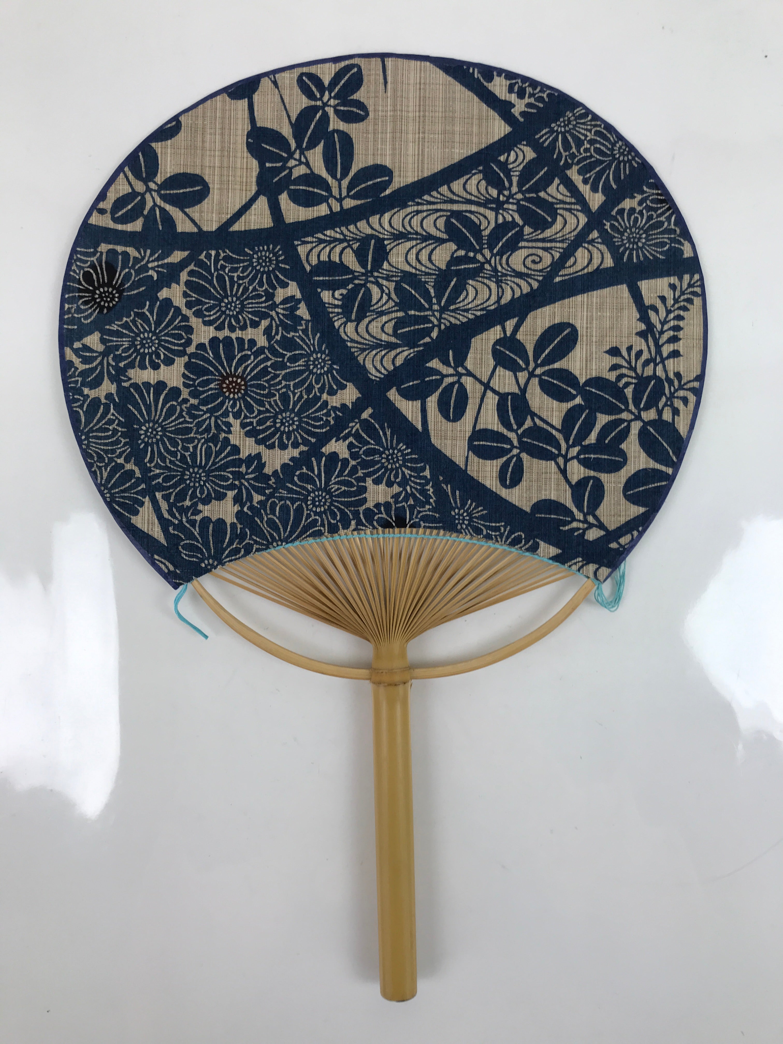 Japanese Fabric Fan Uchiwa Vtg Bamboo Round Paper Traditional Floral Blue U143