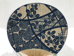 Japanese Fabric Fan Uchiwa Vtg Bamboo Round Paper Traditional Floral Blue U143