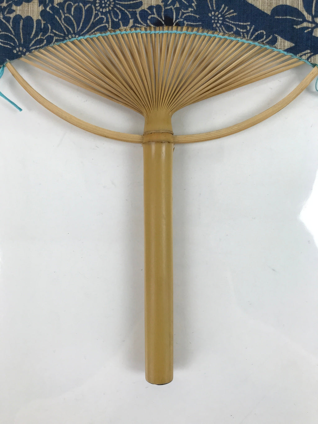 Japanese Fabric Fan Uchiwa Vtg Bamboo Round Paper Traditional Floral Blue U143