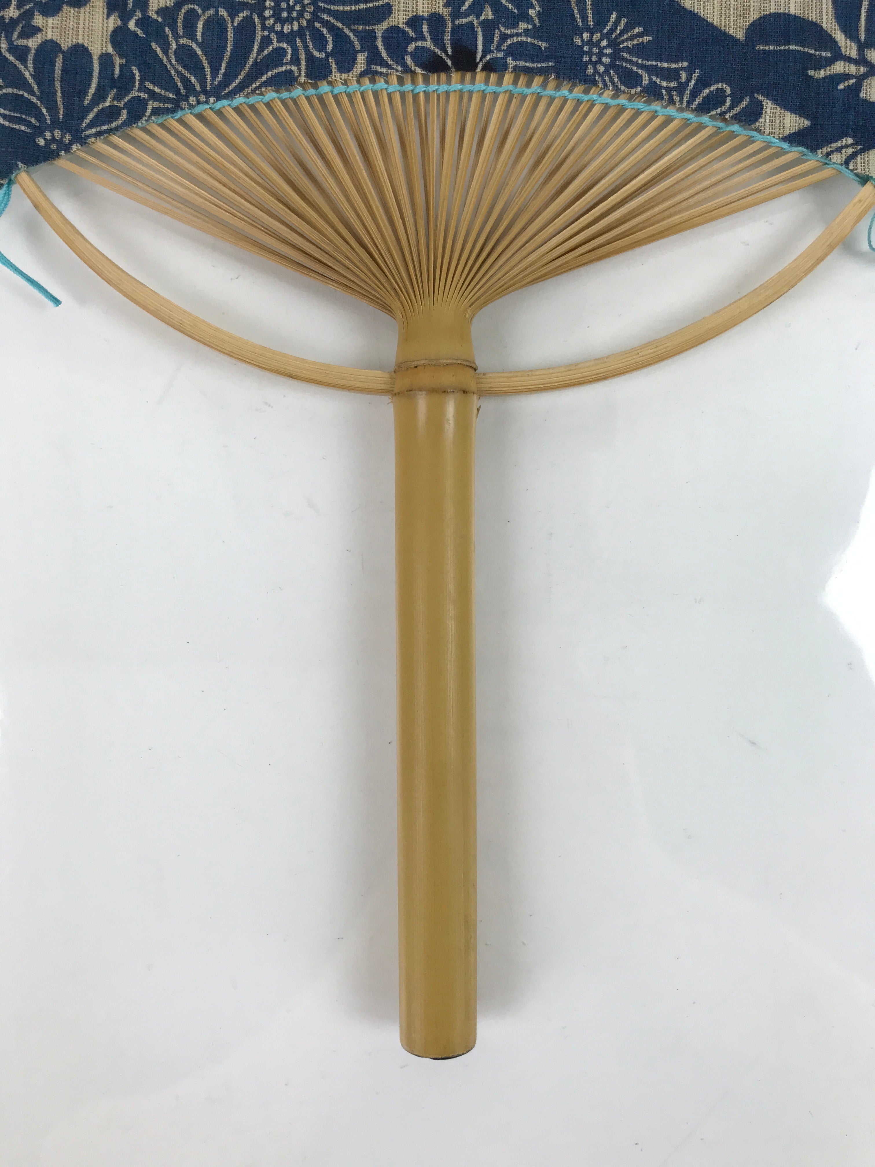 Japanese Fabric Fan Uchiwa Vtg Bamboo Round Paper Traditional Floral Blue U143