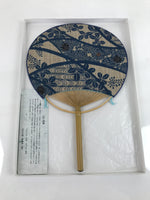 Japanese Fabric Fan Uchiwa Vtg Bamboo Round Paper Traditional Floral Blue U152