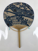 Japanese Fabric Fan Uchiwa Vtg Bamboo Round Paper Traditional Floral Blue U152