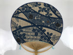 Japanese Fabric Fan Uchiwa Vtg Bamboo Round Paper Traditional Floral Blue U152