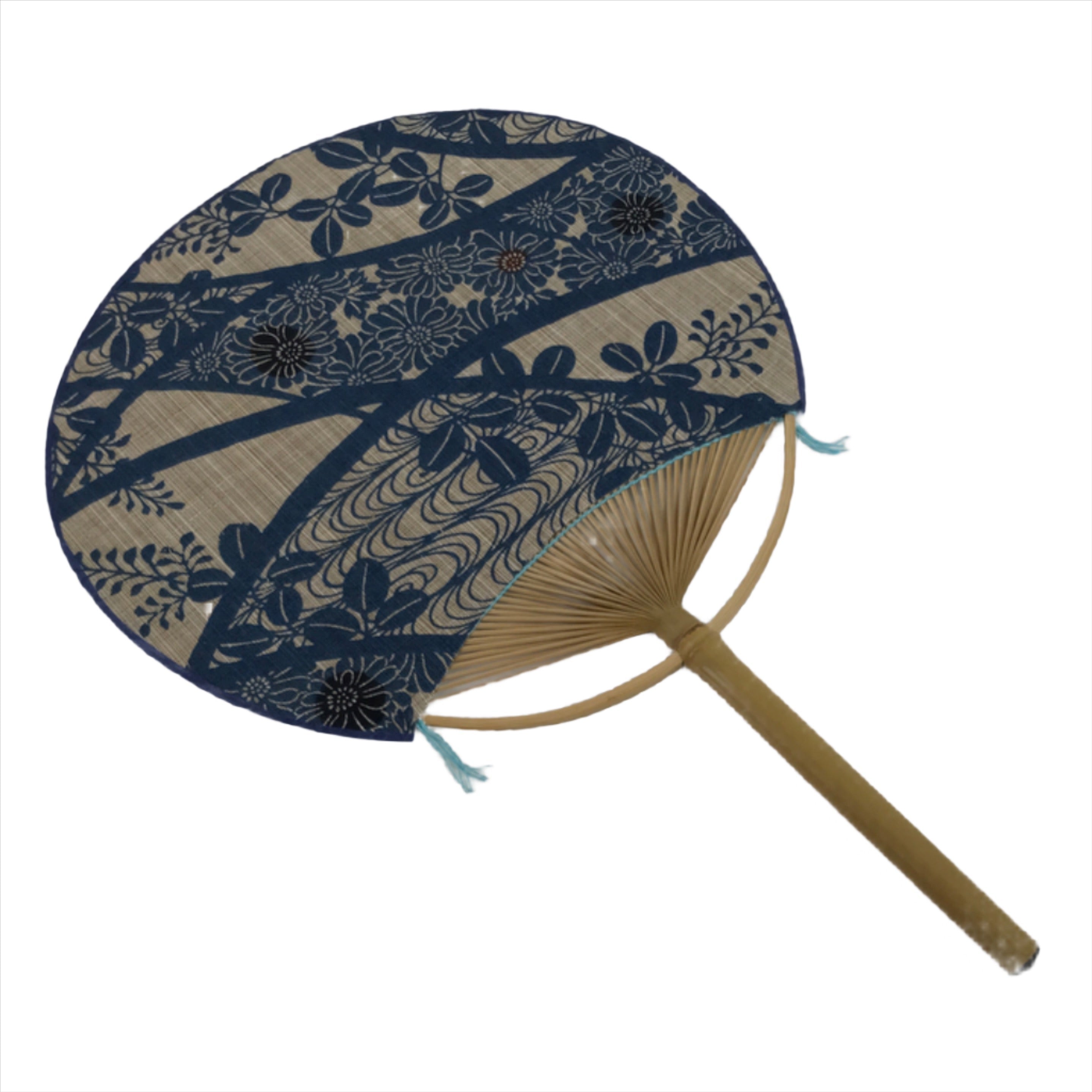 Japanese Fabric Fan Uchiwa Vtg Bamboo Round Paper Traditional Floral Blue U152