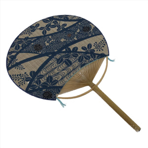 Japanese Fabric Fan Uchiwa Vtg Bamboo Round Paper Traditional Floral Blue U152