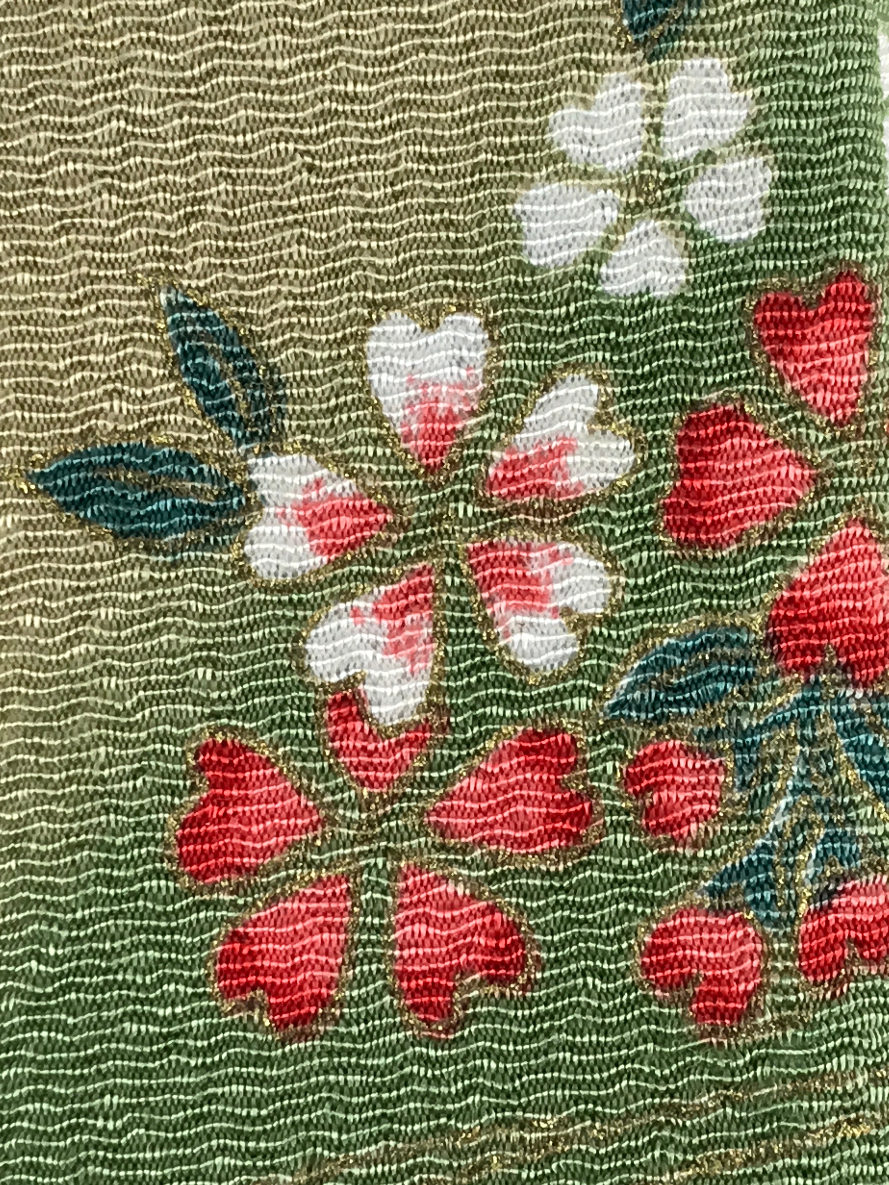 Japanese Fabric Folding Fan Case Vtg Sensubukuro Cherry Blossom Green Red KB75