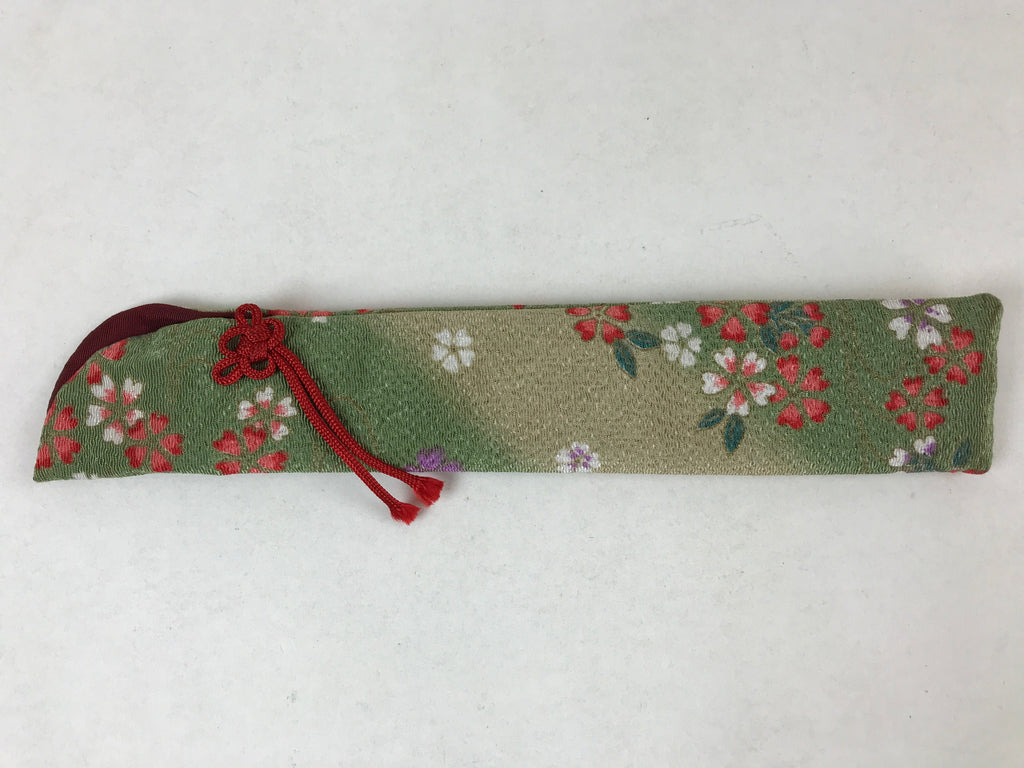 Japanese Fabric Folding Fan Case Vtg Sensubukuro Cherry Blossom Green Red KB75