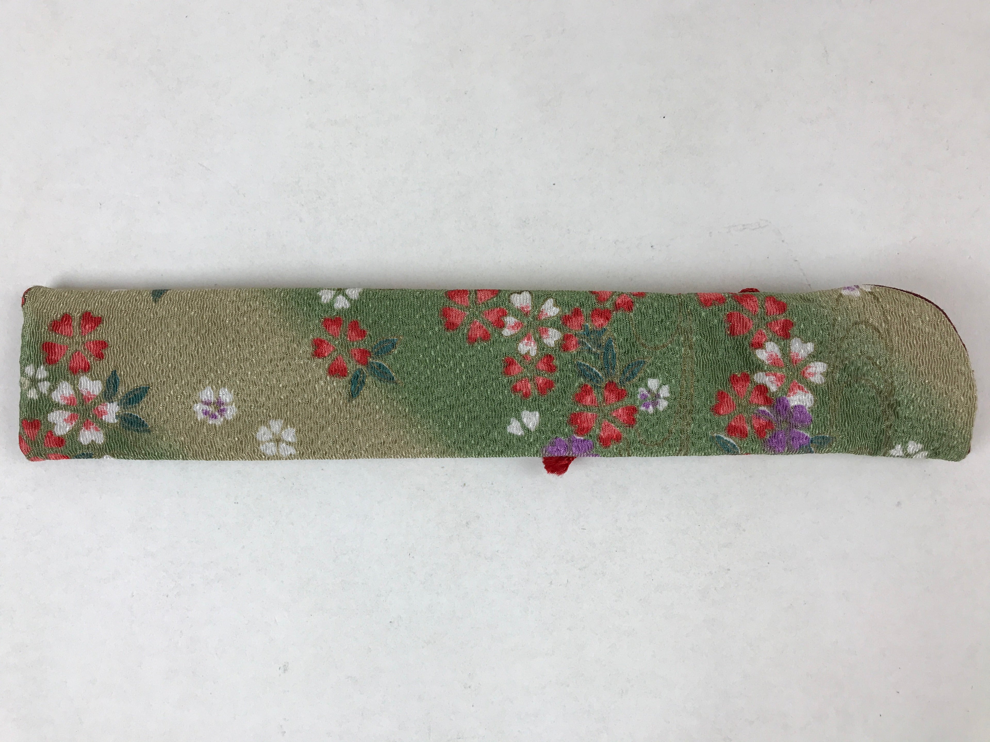 Japanese Fabric Folding Fan Case Vtg Sensubukuro Cherry Blossom Green Red KB75