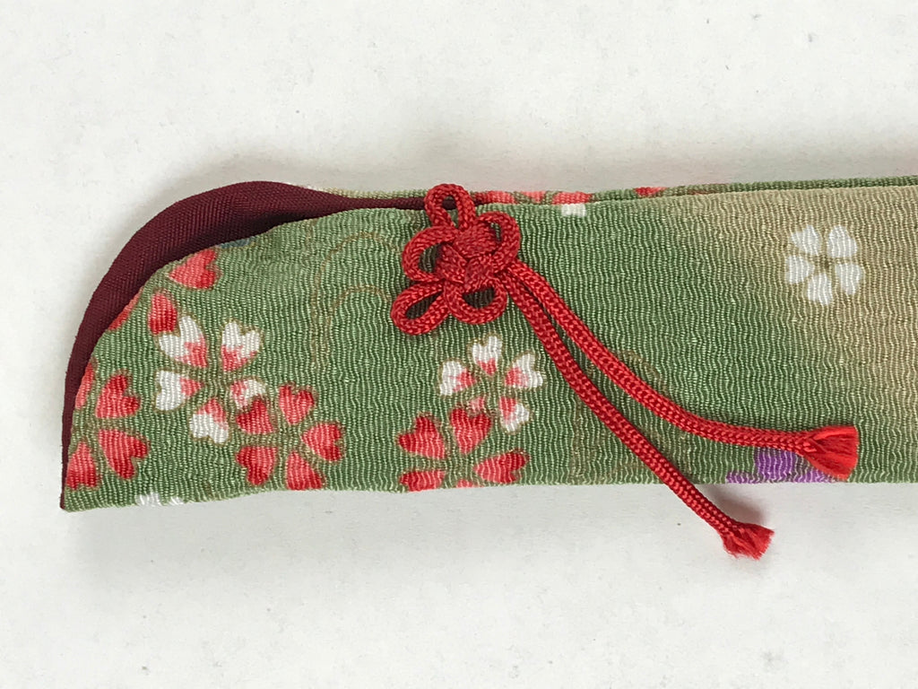 Japanese Fabric Folding Fan Case Vtg Sensubukuro Cherry Blossom Green Red KB75