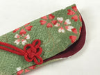 Japanese Fabric Folding Fan Case Vtg Sensubukuro Cherry Blossom Green Red KB75