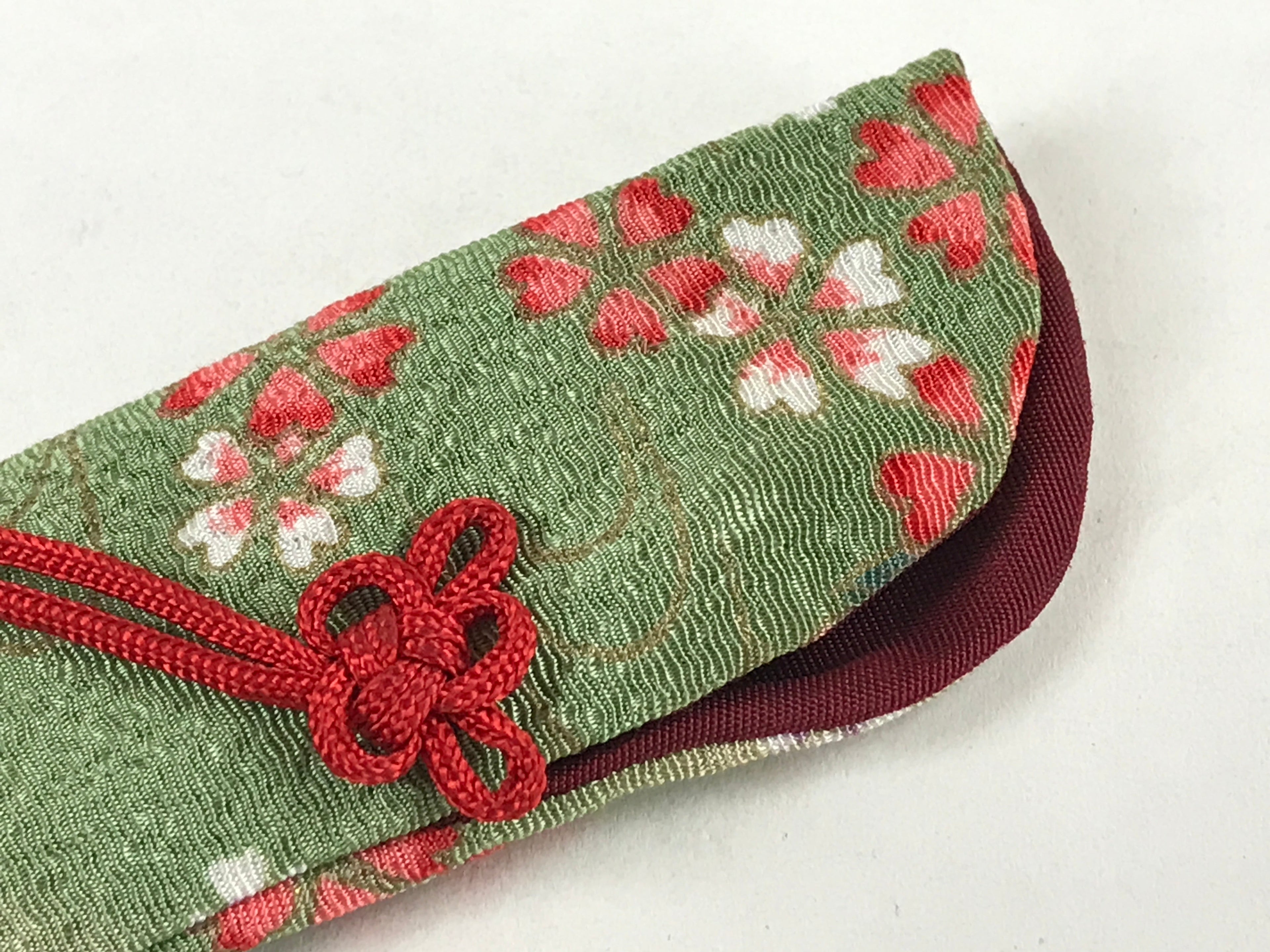 Japanese Fabric Folding Fan Case Vtg Sensubukuro Cherry Blossom Green Red KB75