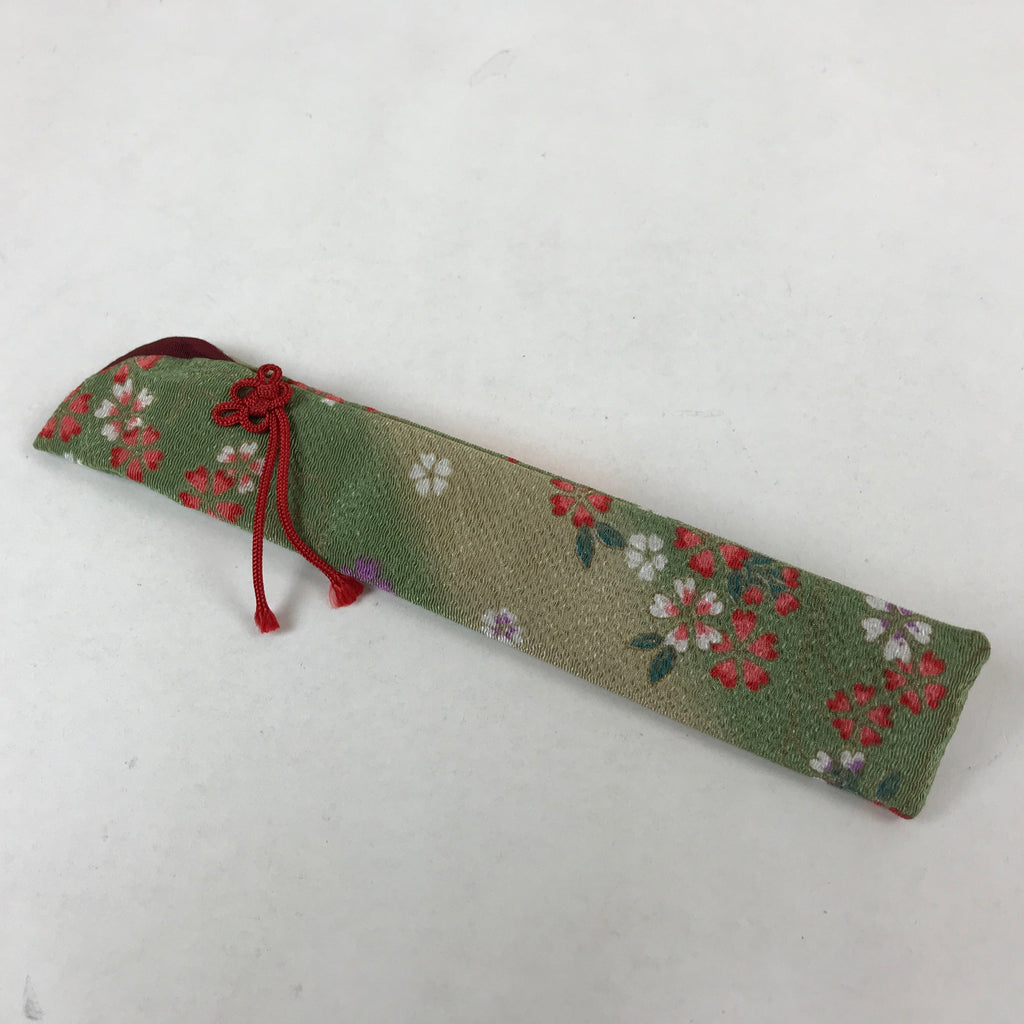 Japanese Fabric Folding Fan Case Vtg Sensubukuro Cherry Blossom Green Red KB75