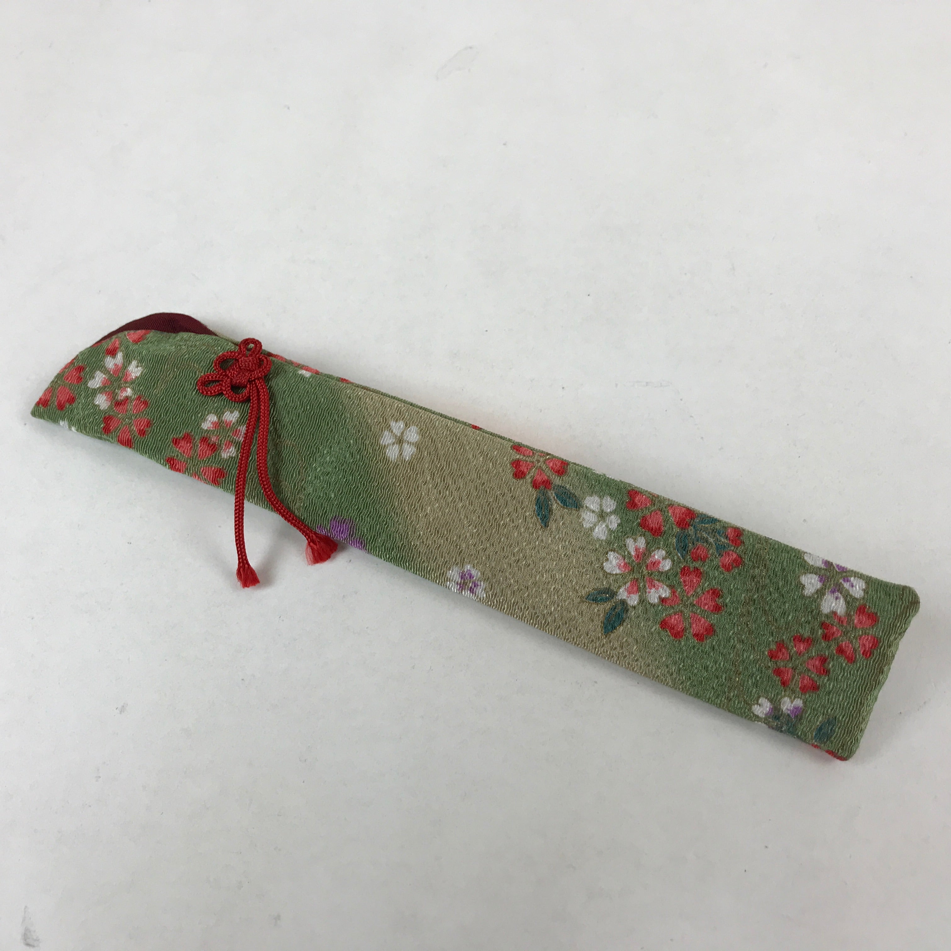 Japanese Fabric Folding Fan Case Vtg Sensubukuro Cherry Blossom Green Red KB75