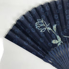 Japanese Fabric Folding Fan Sensu Bamboo Frame Blue White Roses Flowers 4D813