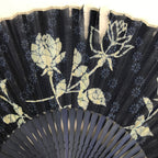 Japanese Fabric Folding Fan Sensu Bamboo Frame Blue White Roses Flowers 4D813