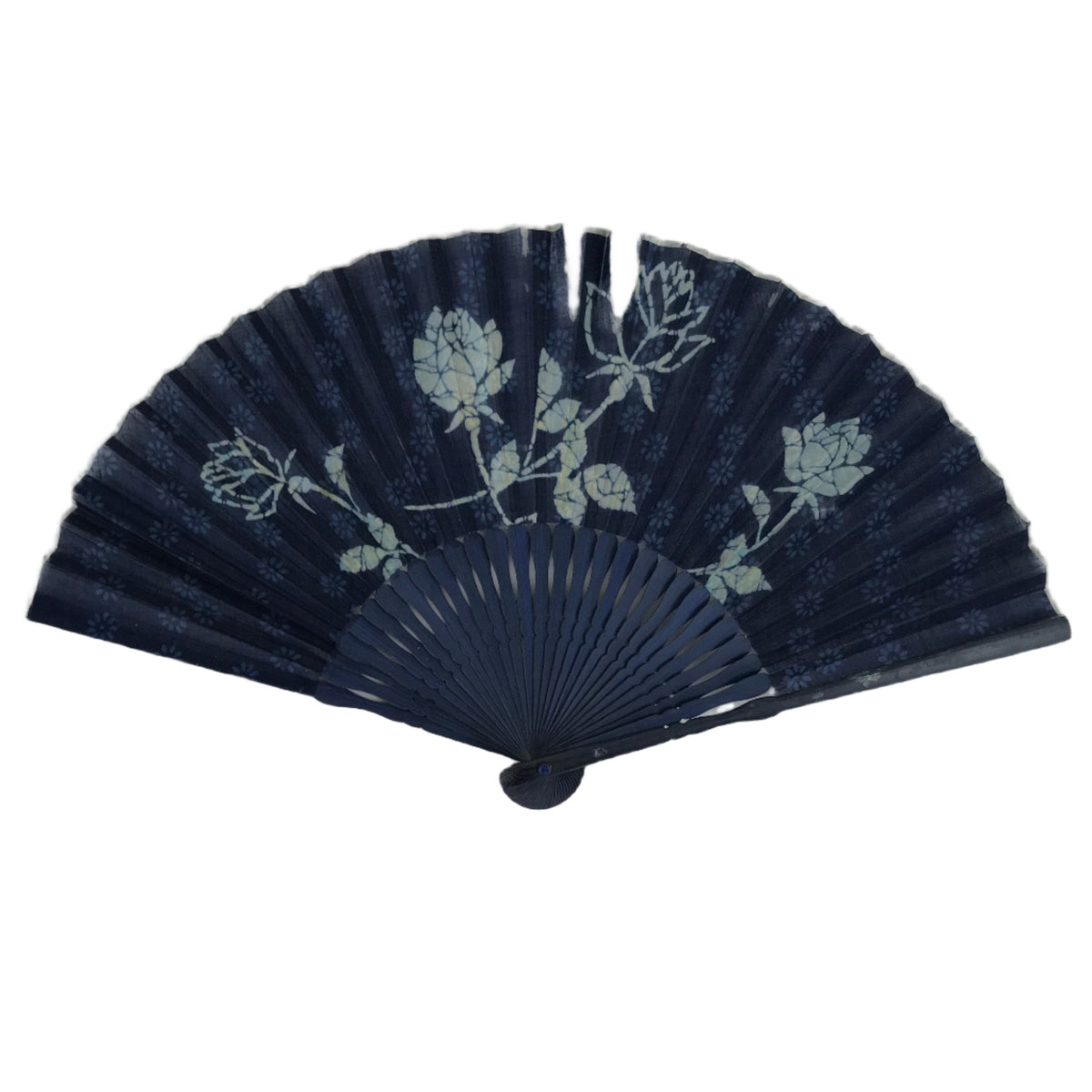 Japanese Fabric Folding Fan Sensu Bamboo Frame Blue White Roses Flower ...