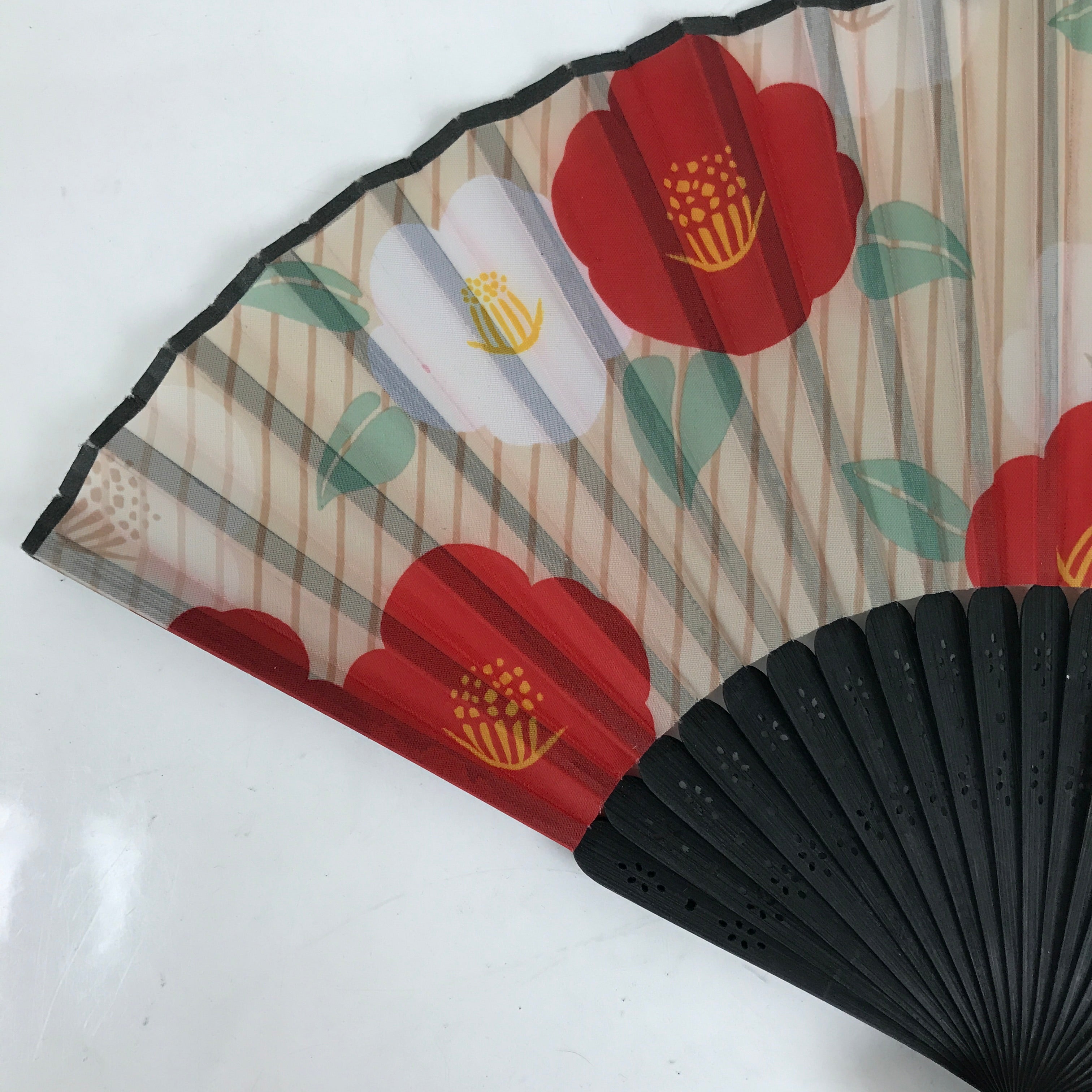 Japanese Fabric Folding Fan Sensu Bamboo Frame Camellia Tsubaki Red Case 4D826