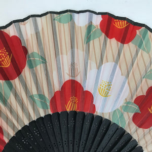 Japanese Fabric Folding Fan Sensu Bamboo Frame Camellia Tsubaki Red Case 4D826