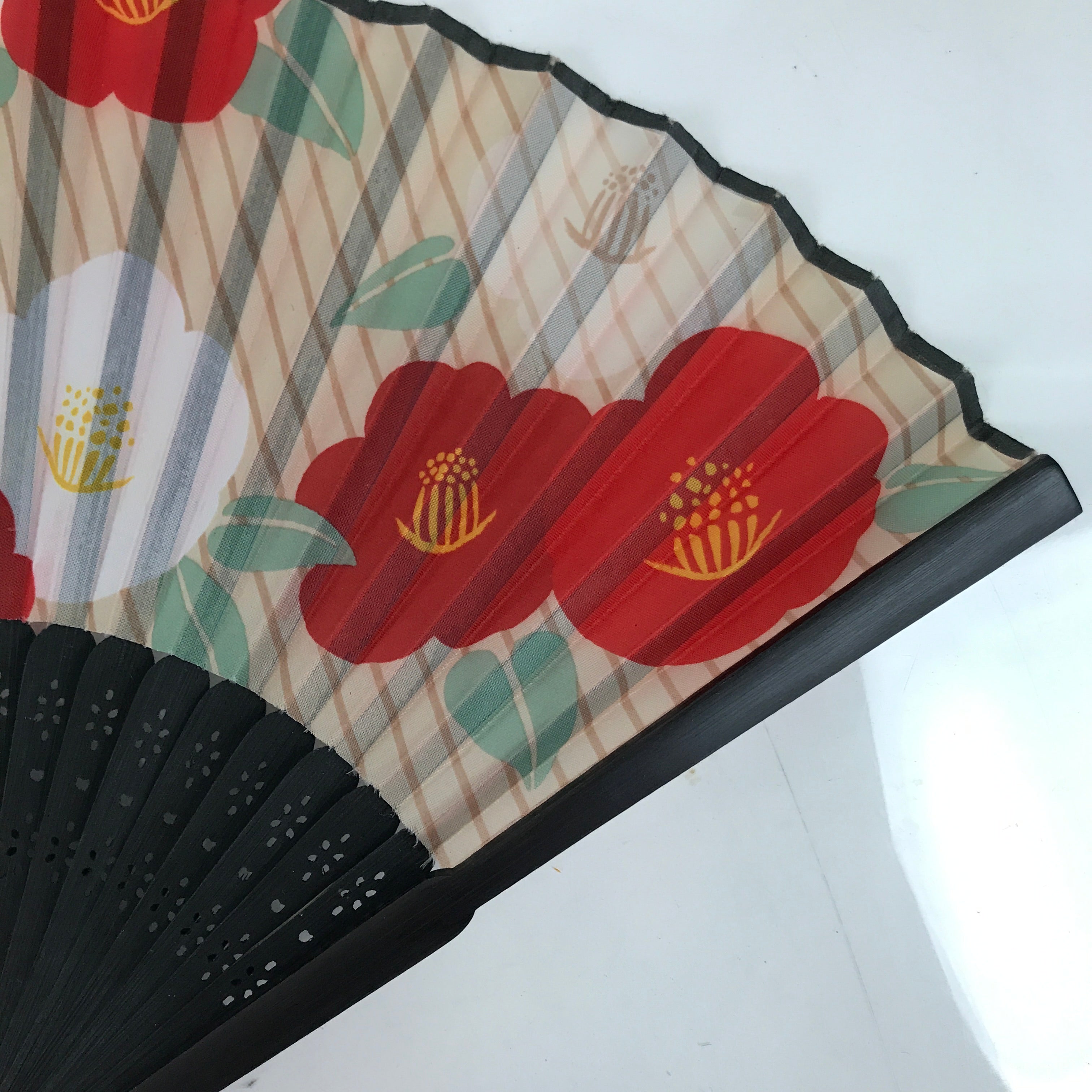 Japanese Fabric Folding Fan Sensu Bamboo Frame Camellia Tsubaki Red Case 4D826