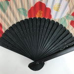 Japanese Fabric Folding Fan Sensu Bamboo Frame Camellia Tsubaki Red Case 4D826