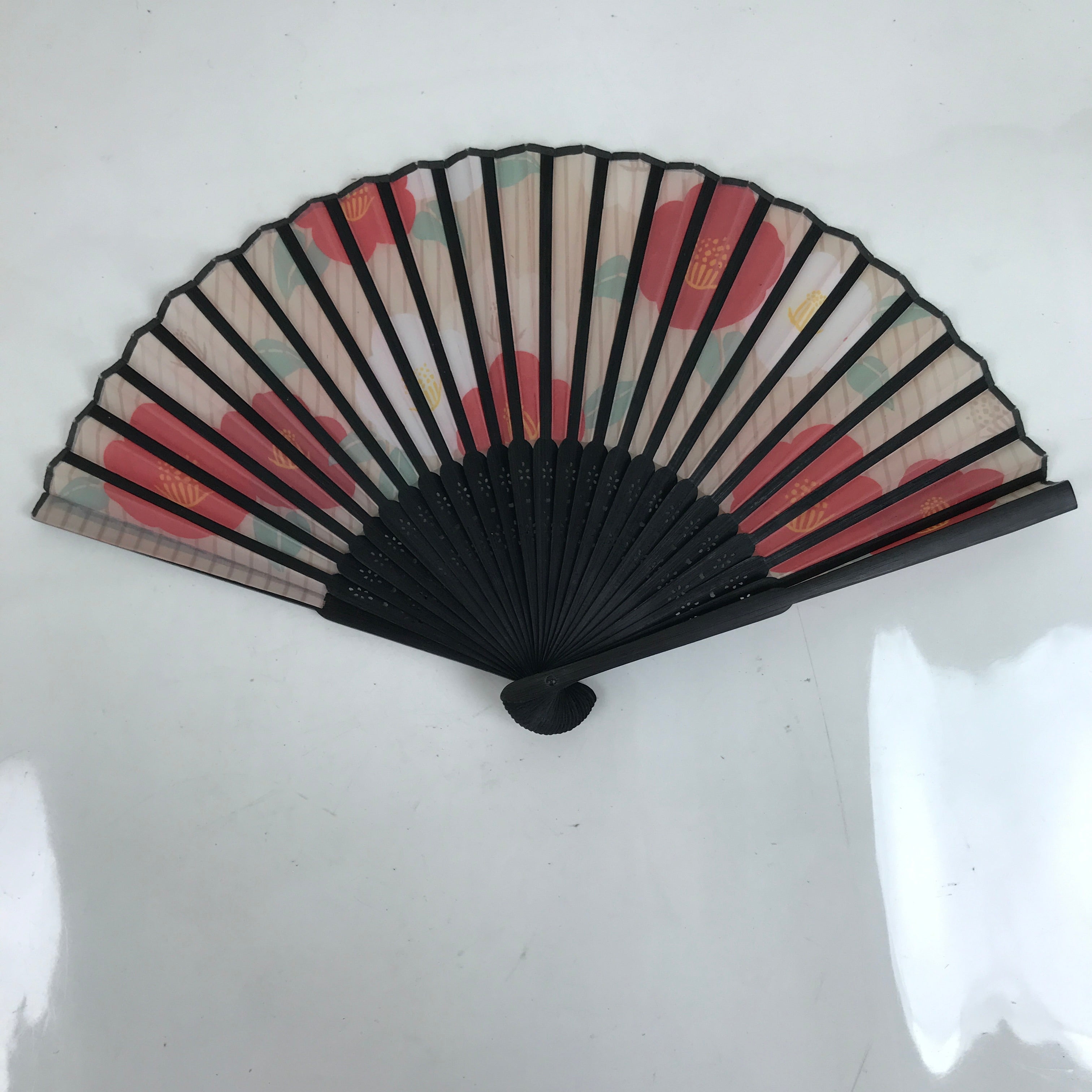 Japanese Fabric Folding Fan Sensu Bamboo Frame Camellia Tsubaki Red Case 4D826