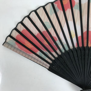 Japanese Fabric Folding Fan Sensu Bamboo Frame Camellia Tsubaki Red Case 4D826