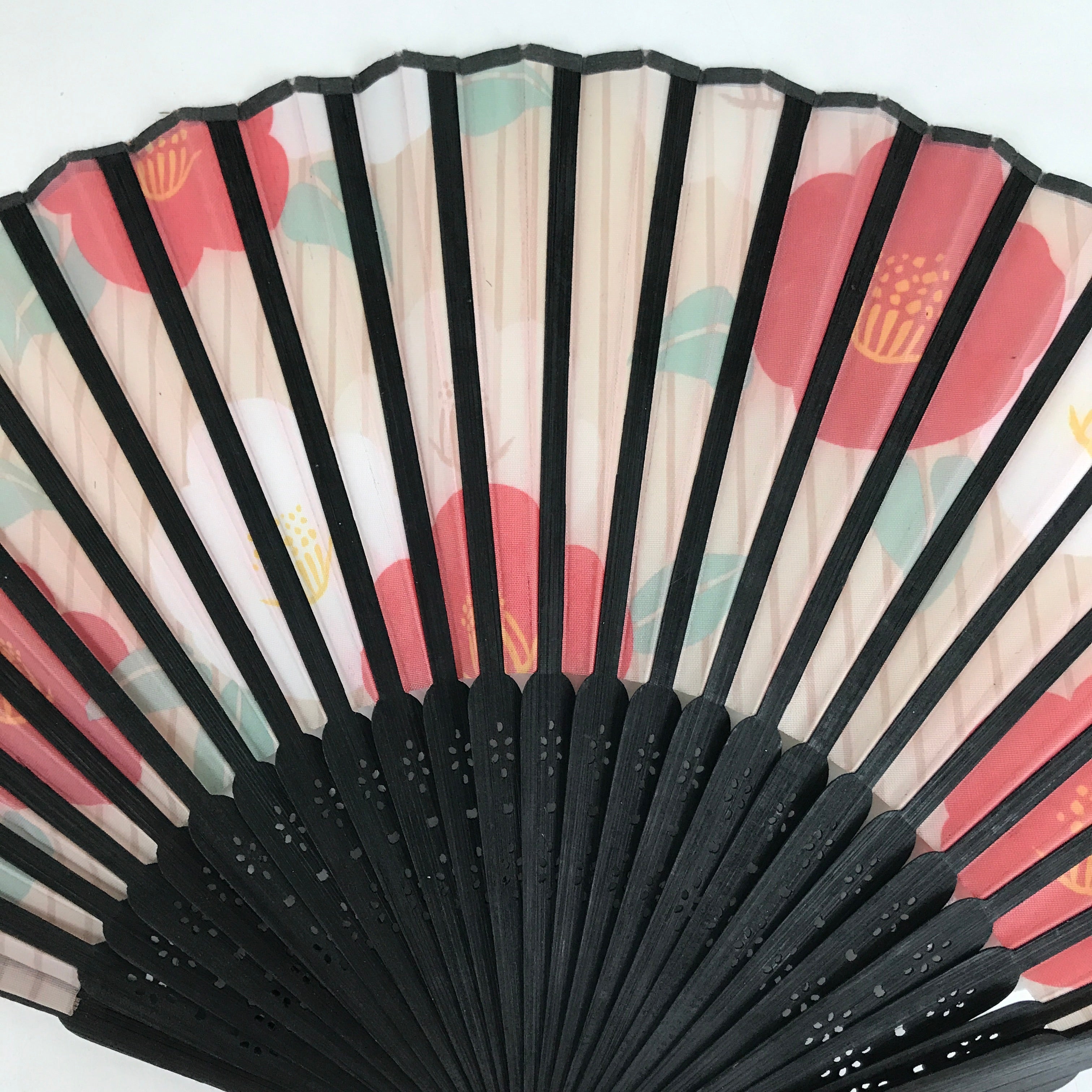 Japanese Fabric Folding Fan Sensu Bamboo Frame Camellia Tsubaki Red Case 4D826