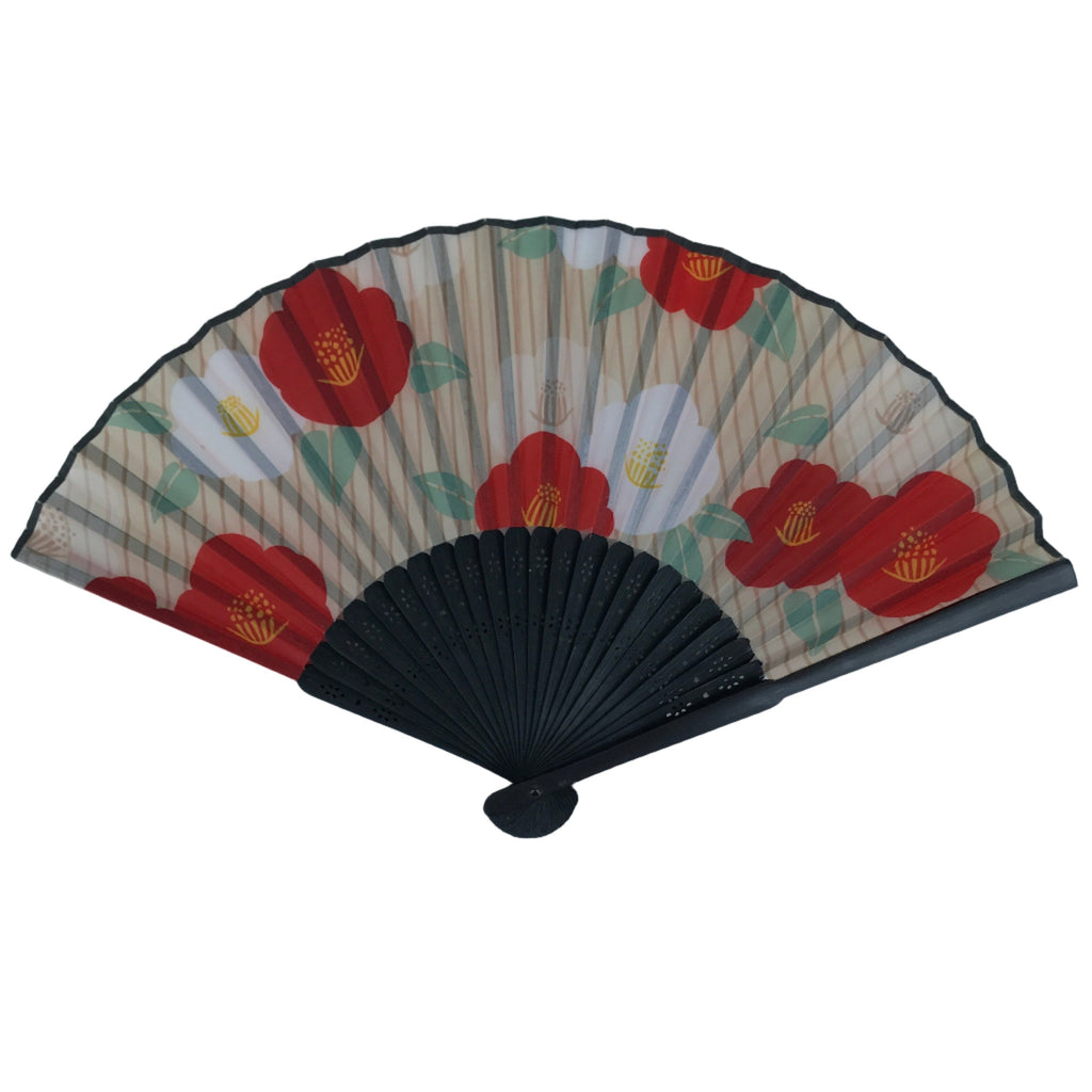 Japanese Fabric Folding Fan Sensu Bamboo Frame Camellia Tsubaki Red Case 4D826