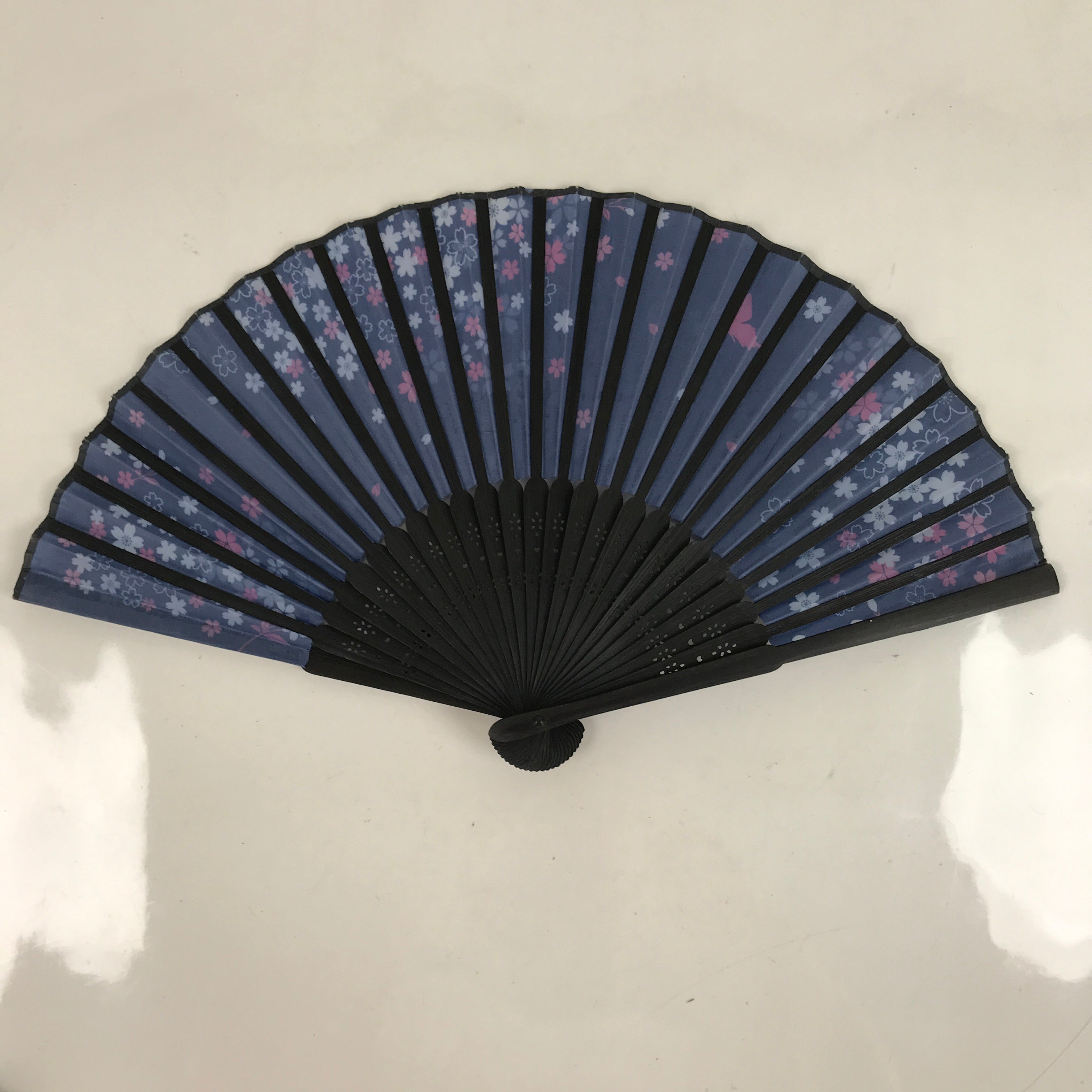 Japanese Fabric Folding Fan Sensu Bamboo Frame Cherry Blossoms Purple 4D829