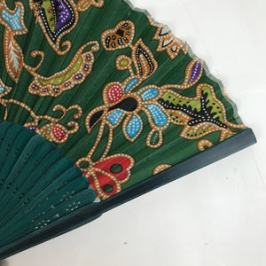 Japanese Fabric Folding Fan Sensu Bamboo Frame Floral Paisley Design Green 4D830