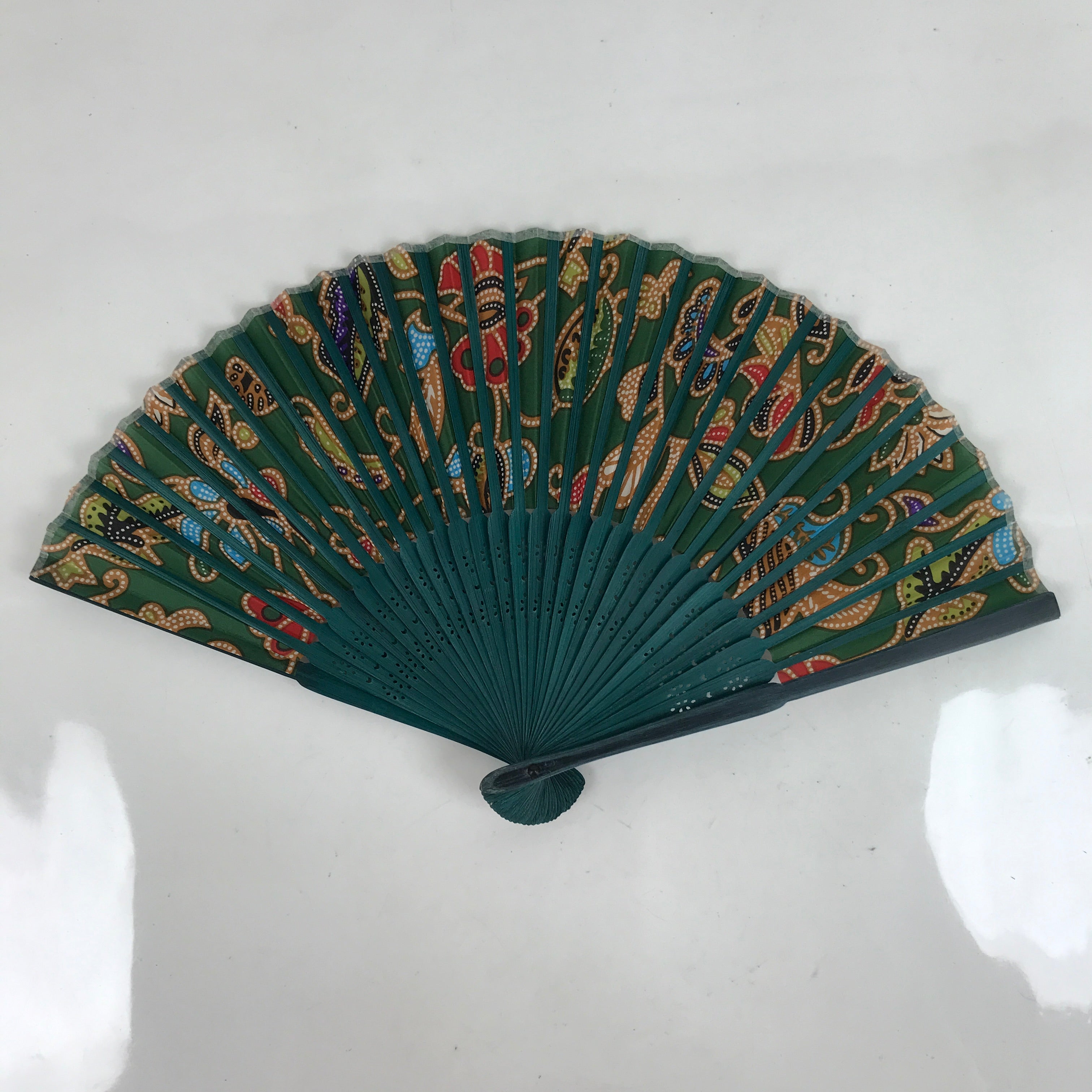 Japanese Fabric Folding Fan Sensu Bamboo Frame Floral Paisley Design Green 4D830