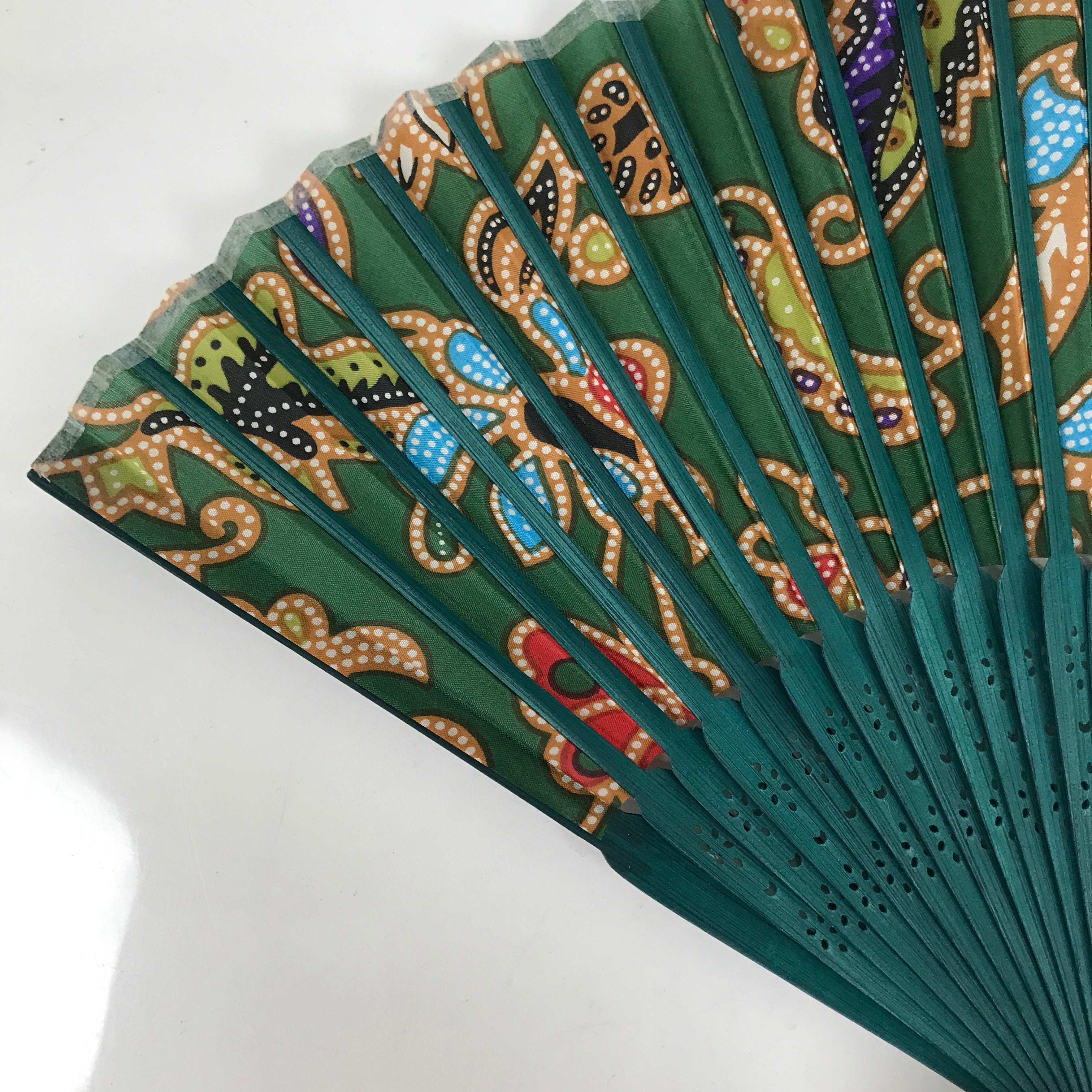 Japanese Fabric Folding Fan Sensu Bamboo Frame Floral Paisley Design Green 4D830