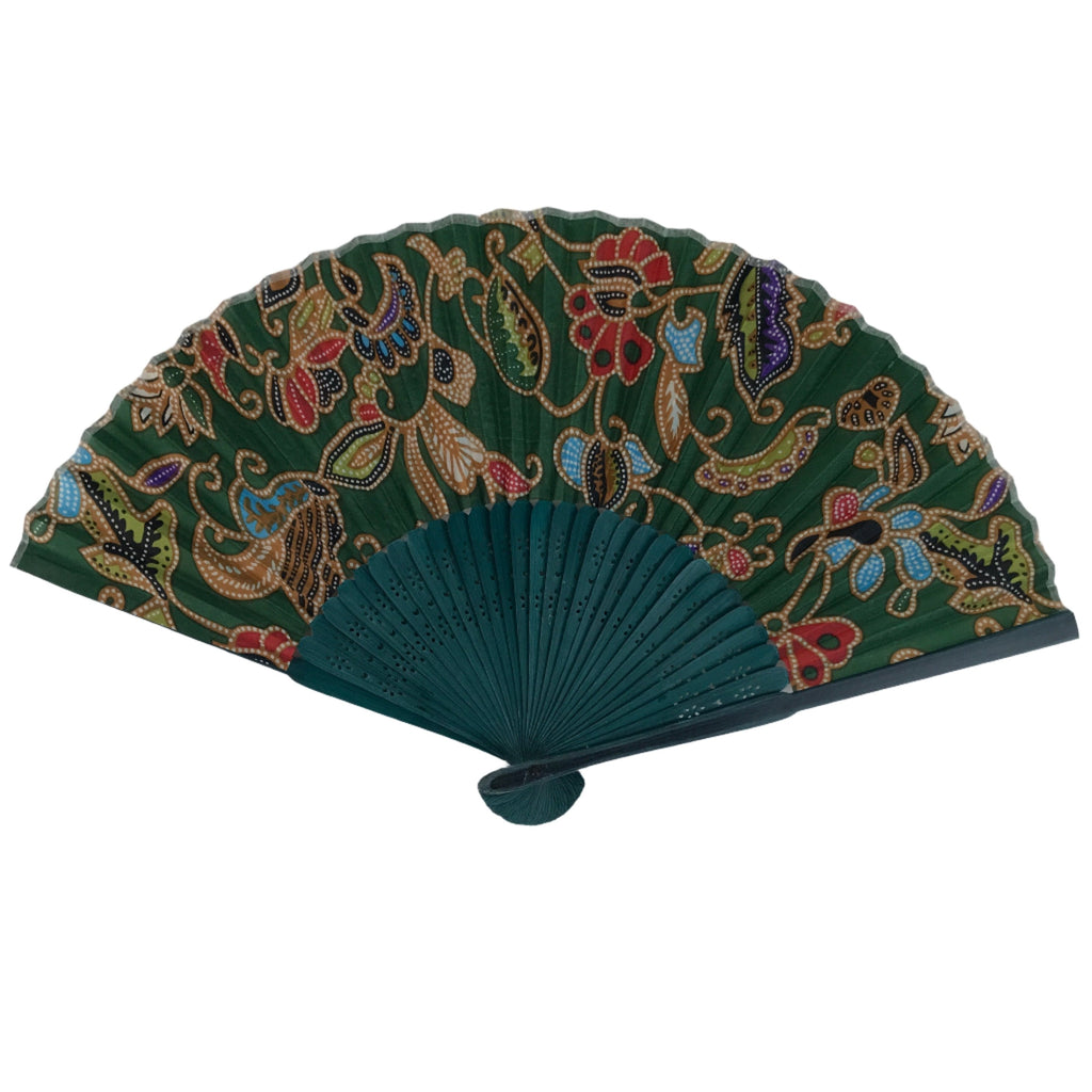 Japanese Fabric Folding Fan Sensu Bamboo Frame Floral Paisley Design Green 4D830