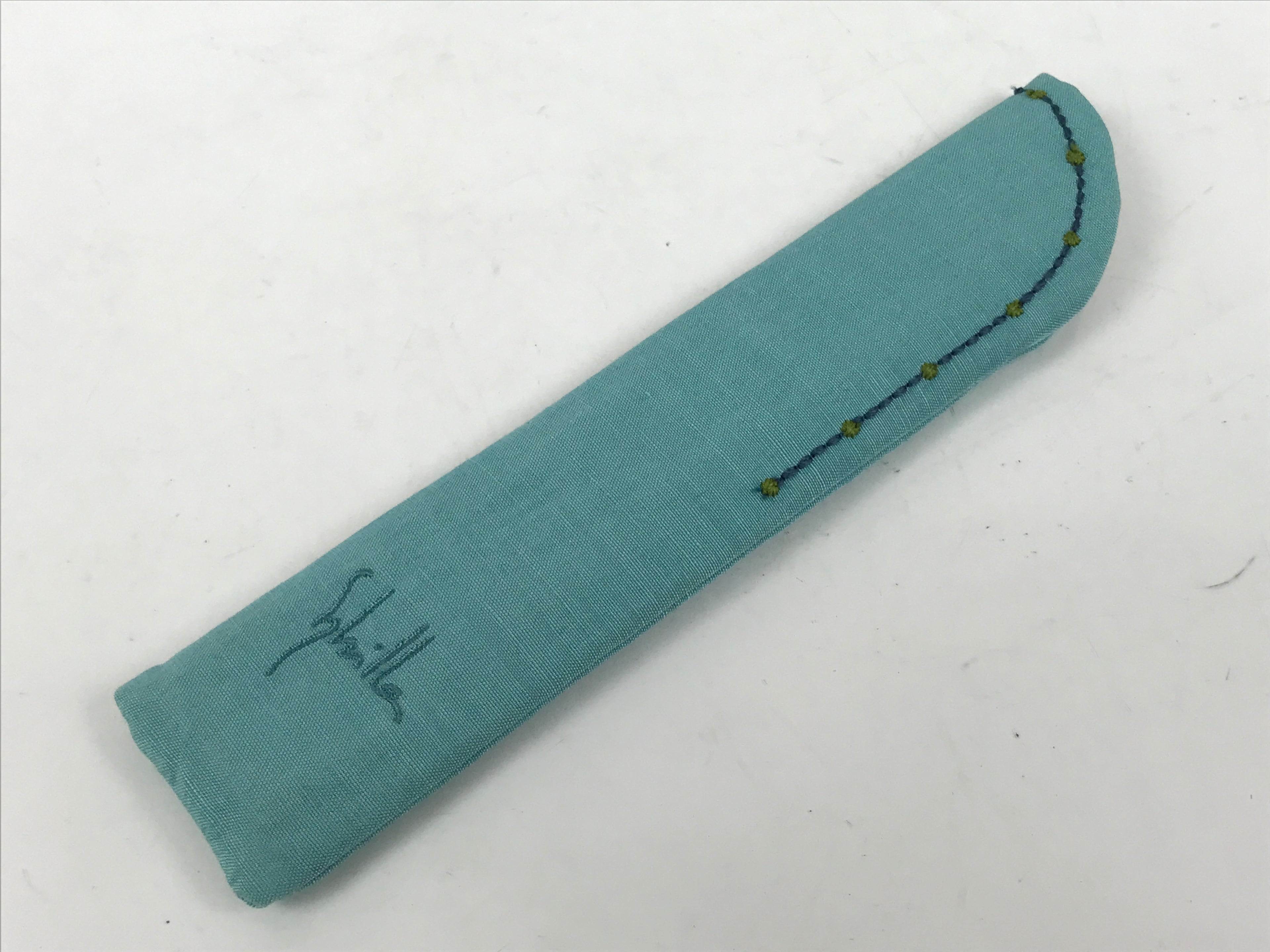 Japanese Fabric Folding Fan Sensu Bamboo Frame Vtg Green Blue w/Case 4D882