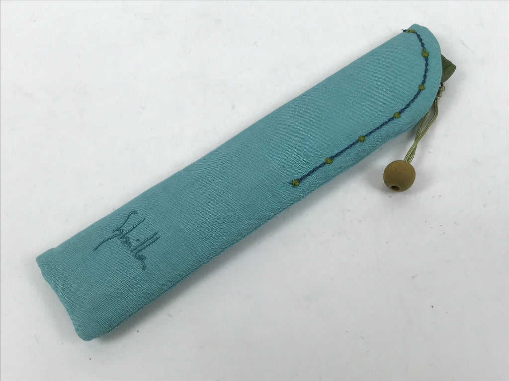 Japanese Fabric Folding Fan Sensu Bamboo Frame Vtg Green Blue w/Case 4D882