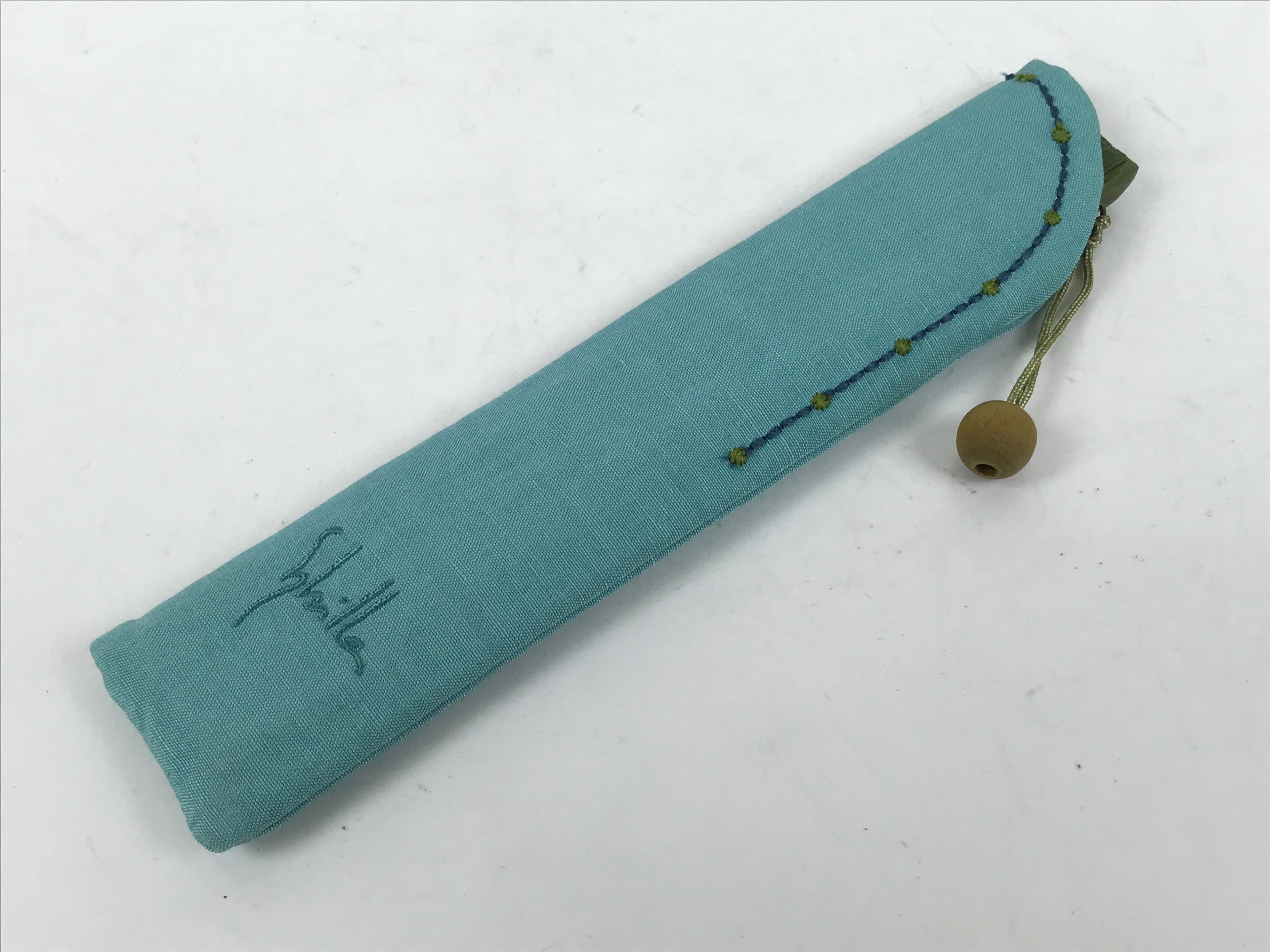 Japanese Fabric Folding Fan Sensu Bamboo Frame Vtg Green Blue w/Case 4D882