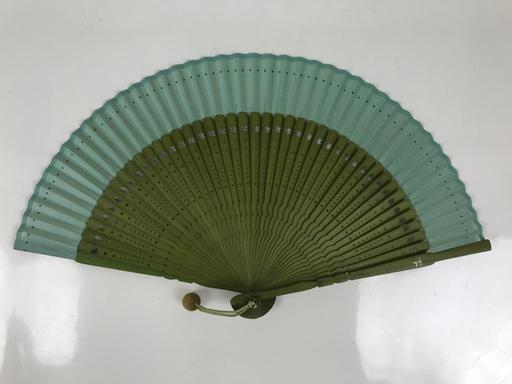 Japanese Fabric Folding Fan Sensu Bamboo Frame Vtg Green Blue w/Case 4D882